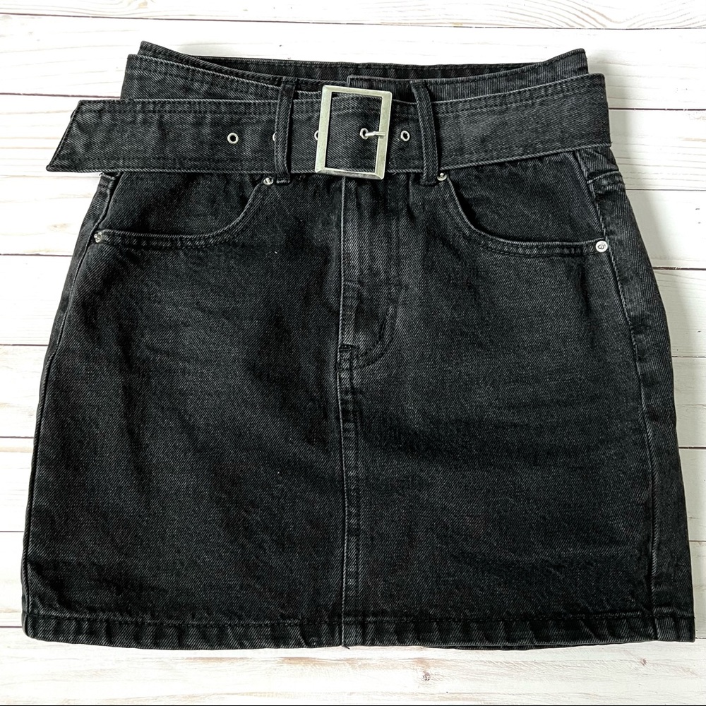 Black Denim Belted Mini Skirt